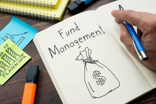 Fund management is shown on a business photo using the text