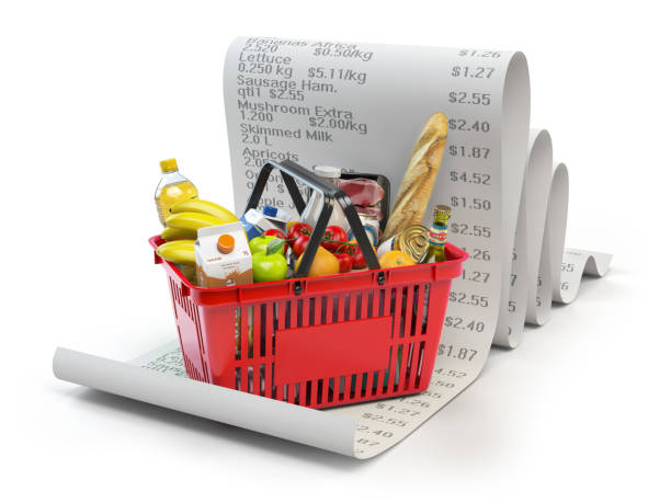 Grocery expenses budget  and consumerism concept. Shopping basket
 with foods on the receipt isolated on white. 3d illustration